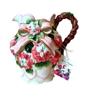 Corner Ruby Botanical Collection Stunning 3D Floral Bow Ceramic Pitcher 8in New